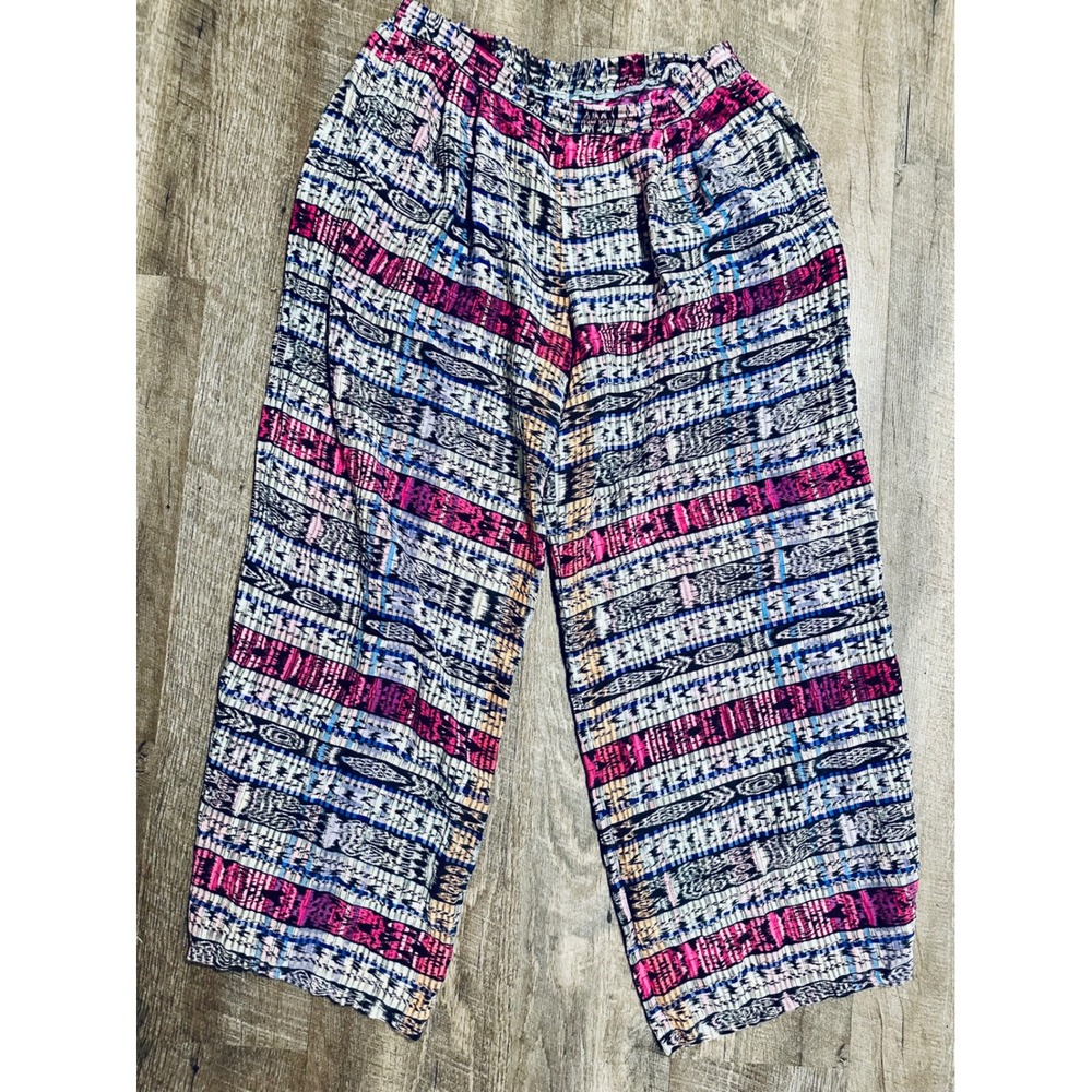 ATKO Silk Wide Leg Cropped Pants Colorful‎ Print Bohemian Style Womens Size L
